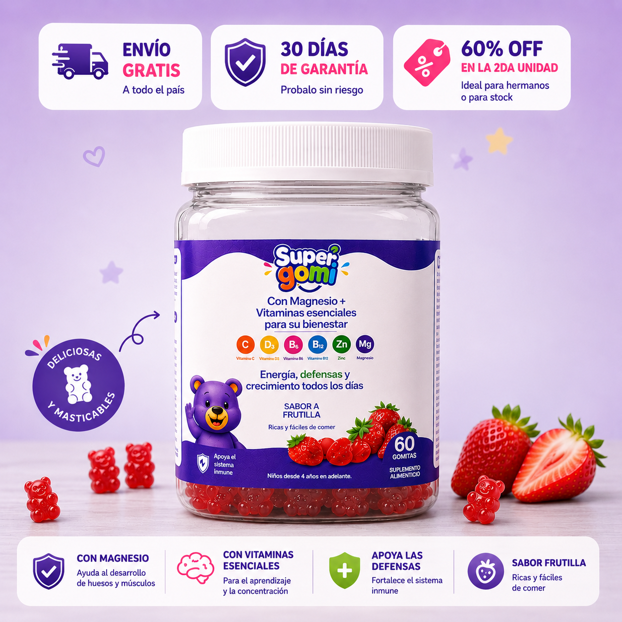 SUPERGOMI | MAGNESIO + VITAMINAS ESENCIALES PARA NIÑOS +4 AÑOS