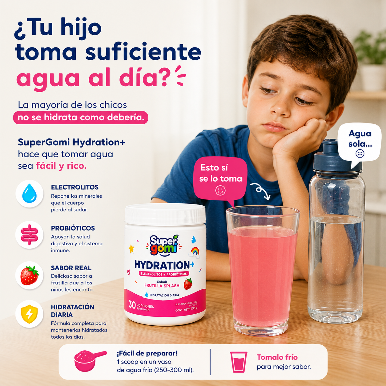 SUPERGOMI HYDRATION+ | ELECTROLITOS + PROBIÓTICOS PARA NIÑOS +4 AÑOS