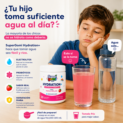 SUPERGOMI HYDRATION+ | ELECTROLITOS + PROBIÓTICOS PARA NIÑOS +4 AÑOS