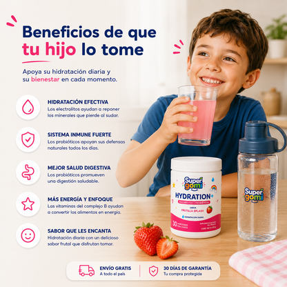 SUPERGOMI HYDRATION+ | ELECTROLITOS + PROBIÓTICOS PARA NIÑOS +4 AÑOS