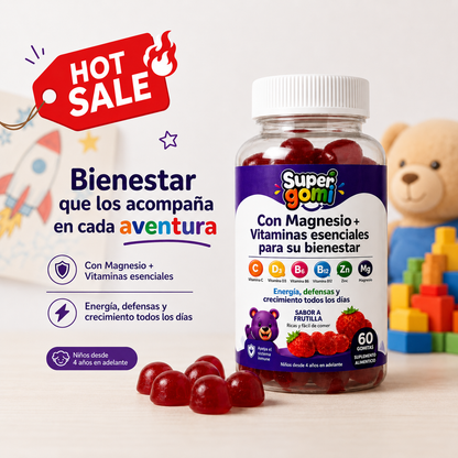 SUPERGOMI | MAGNESIO + VITAMINAS ESENCIALES PARA NIÑOS +4 AÑOS